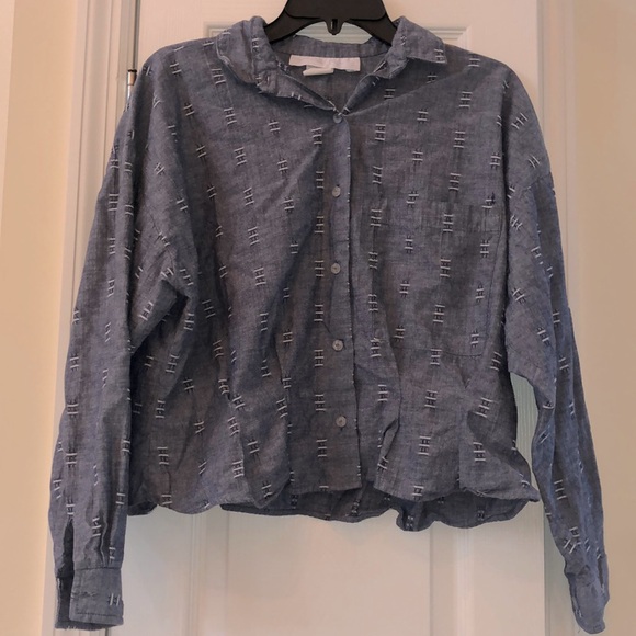 Vintage Blue White Patterned Long Sleeve Crop Top - Picture 2 of 5